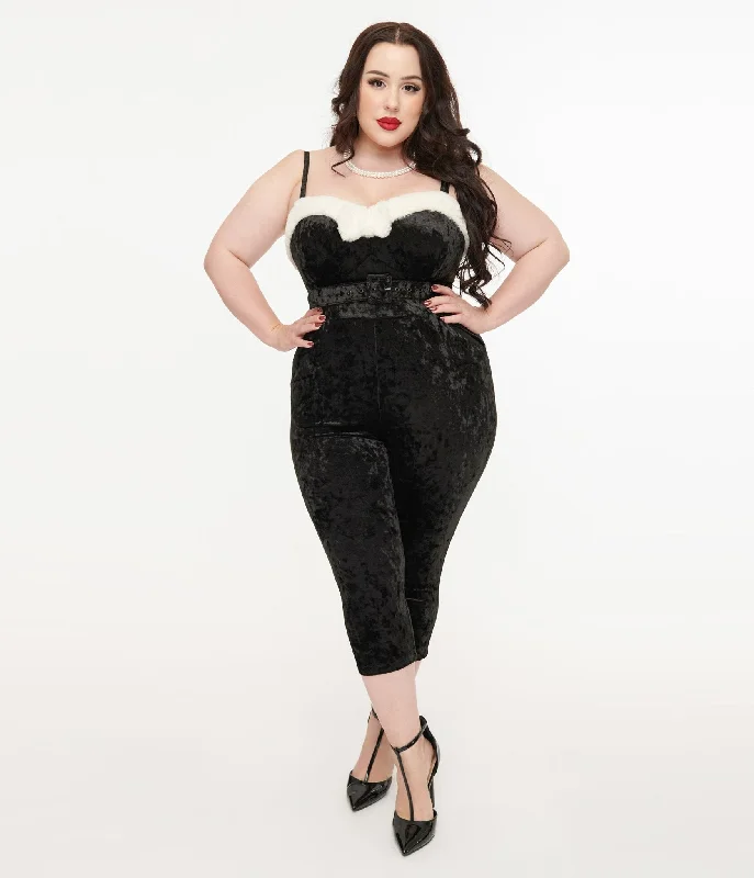 Unique Vintage Plus Size 1950s Black & White Faux Fur Cropped Jumpsuit Trendy Women's 