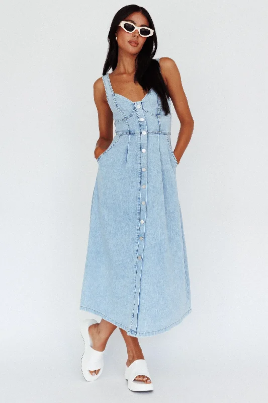 Pixie Dust Button Front Midi Dress Denim Blue purpose