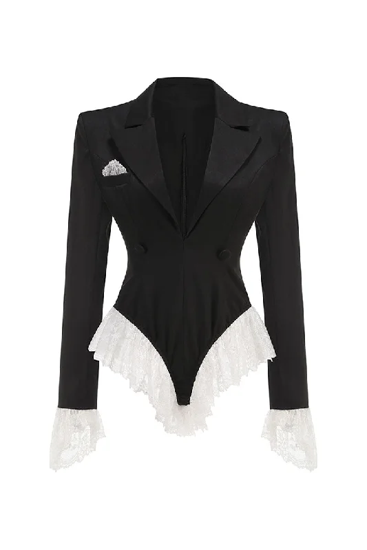 Sculptural Padded Shoulder Lapel Long Sleeve Ruffle Lace Blazer Bodysuit Refined Women's Classic Sculptural Padded Shoulder Lapel Long Sleeve Ruffle Lace Blazer Bodysuit Refined Women's Classic