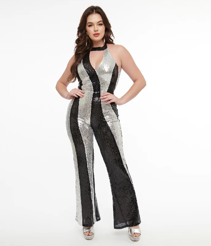 Smak Parlour 1960s Black & Silver Sequin Glamour Goddess Jumpsuit Classic Women's Pin - striped