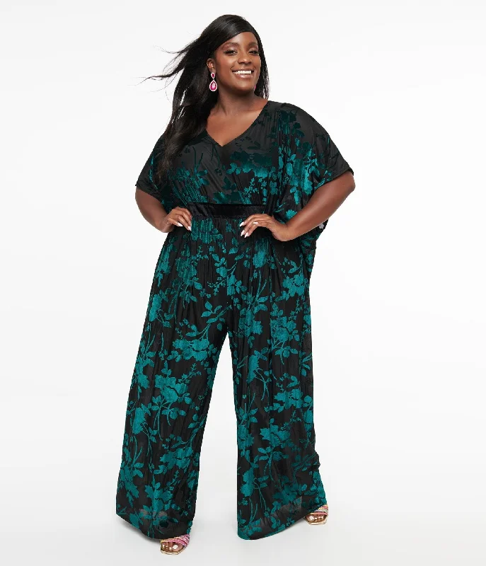 Unique Vintage Plus Size 1970s Black & Teal Velvet Floral Burnout Caftan Jumpsuit Tough Women's Military - inspired