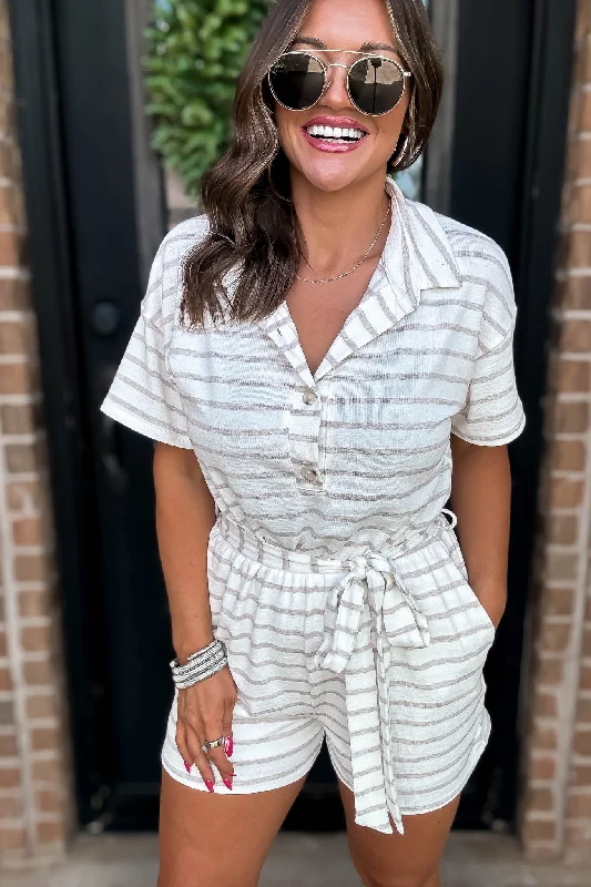 Little Lies Tan Stripe Button Front Romper Cashmere