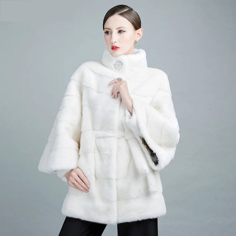 Women's White Natural Mink Fur Stripe Thick Winter Jackets with Belt Scandinavian
