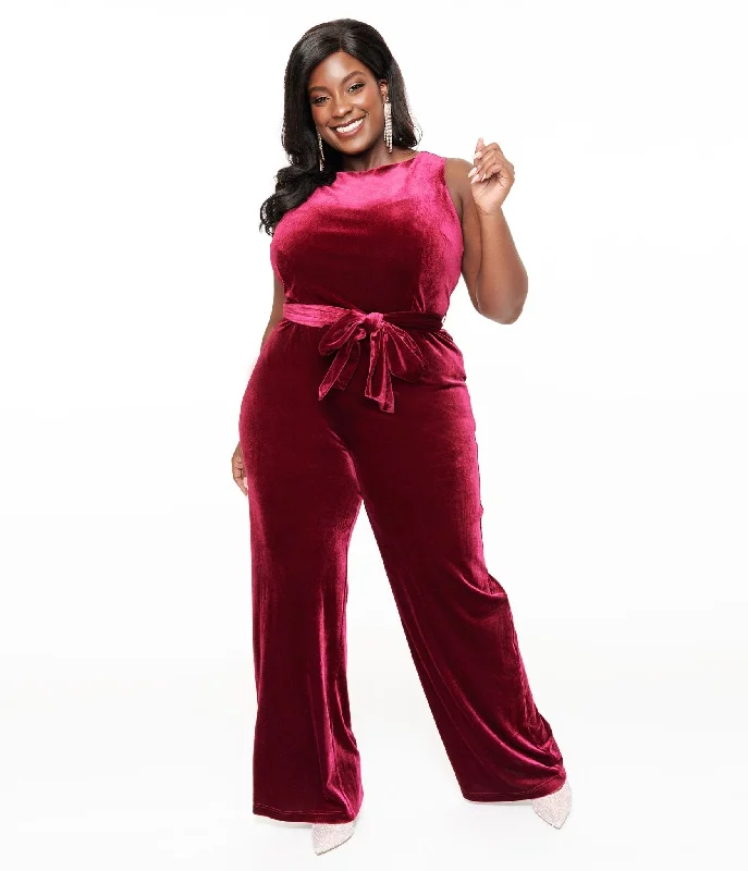Unique Vintage Plus Size 1950s Merlot Velvet Boat Neck Jumpsuit Classic Women's Tweed