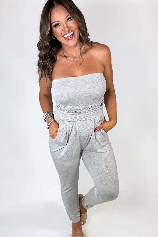 Open Arms Heather Grey Tube Top Jumpsuit Casual Women's Loose - fitting