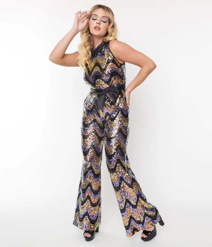 Smak Parlour Multicolor Zig Zag Sequin Cowl Neck Jumpsuit Cozy Women's Winter