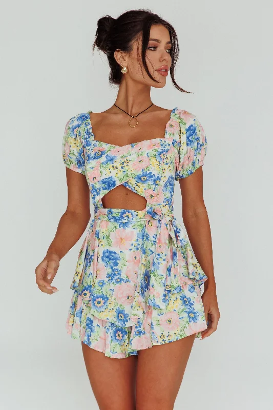 Whimsical Cut-out Bodice Romper Floral Blue Bohemian Women's Free