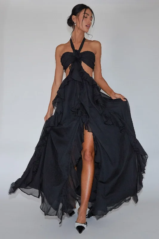 Santiago Cut-Out Ruffle Maxi Dress Black Traditional Women's Wool