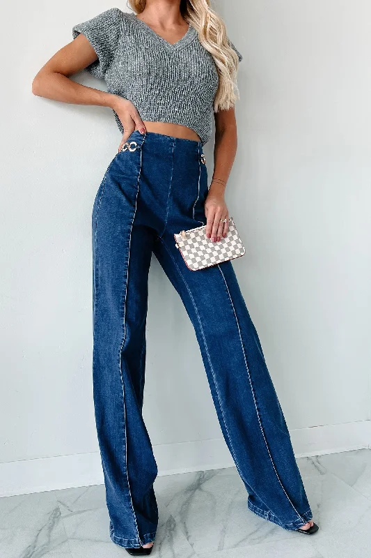 Marietta High Waisted Chain Detail Bootcut Jeans (Dark Wash) Refined Women's Hand - crafted