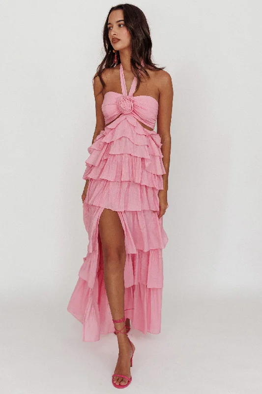 Morpheus Ruffle Halterneck Maxi Dress Pink Sporty Women's Athleisure 