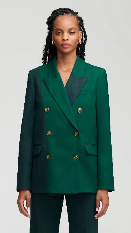 Colorblocked Peak Lapel Blazer in Seasonless Wool | Emerald/Forest garde
