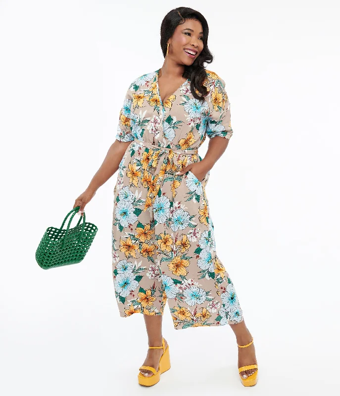 Hell Bunny Plus Size 1970s Tan & Tropical Floral Print Jumpsuit garde