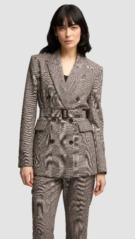 Belted Double-Breasted Blazer in Wool | Plaid Houndstooth Cozy Women's Winter