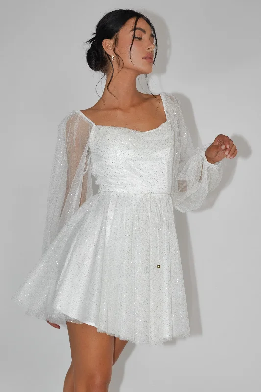 Fairytale Dream Pleat Neckline Mini Dress Sparkle White/Gold Earthy Women's Hemp - based