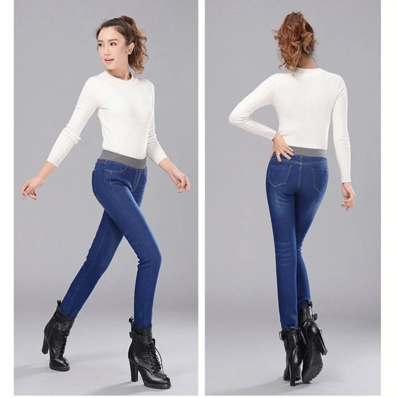 Women's Winter Warm Elastic High Waist Skinny Stretch Denim Pants Elegant Women's Formal 