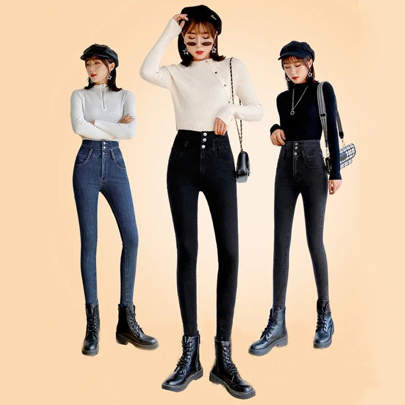 Women's Korean Casual Style Stretch Skinny High Waist Denim Jeans Traditional Women's Wool