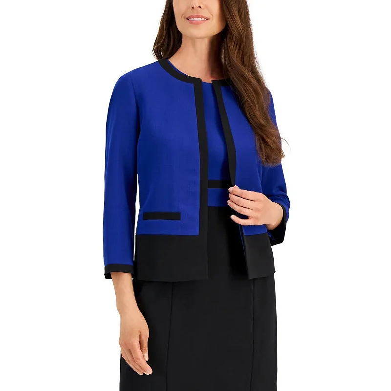 Kasper Womens Petites Open Front Contrast Trim Collarless Blazer Modern Women's 