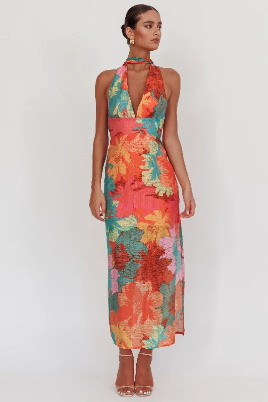 Cipriana Backless Halter Maxi Dress Floral Pink Hip Women's Retro