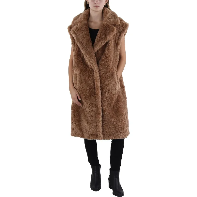BCBGMAXAZRIA Womens Notch Collar Midi Faux Fur Coat Luxurious Women's High -  end