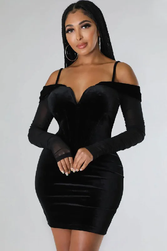 Sexy Deep V Sheer Sleeve Velvet Bodycon Corset Party Mini Dress - Black Sustainable Organic