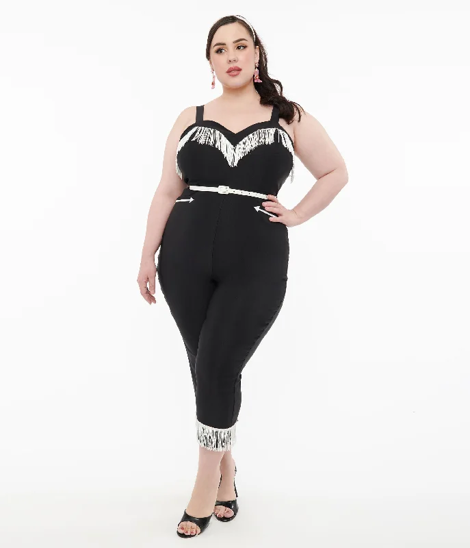 1950s Black & White Fringe Western Jumpsuit Luxurious Women's High -  end
