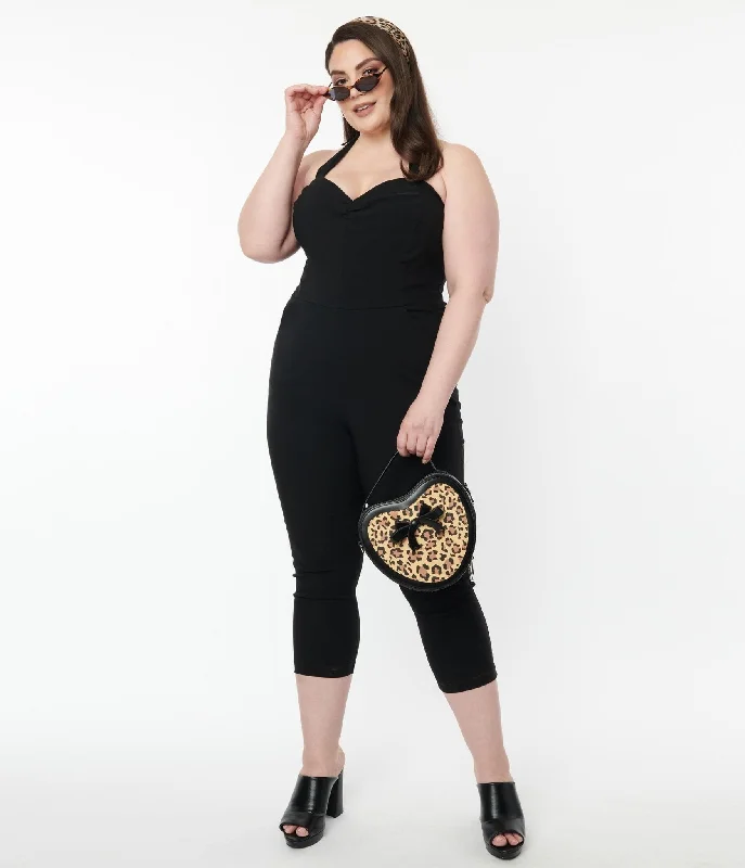 Unique Vintage Plus Size 1950s Black Halter Marcel Jumpsuit Cozy Women's Sherpa - lined
