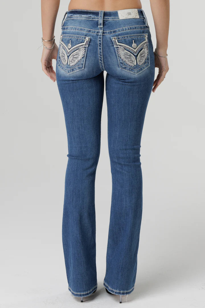 Miss Me Women's Mid Rise Boot Cut Jean, Blue Relaxed Women's 