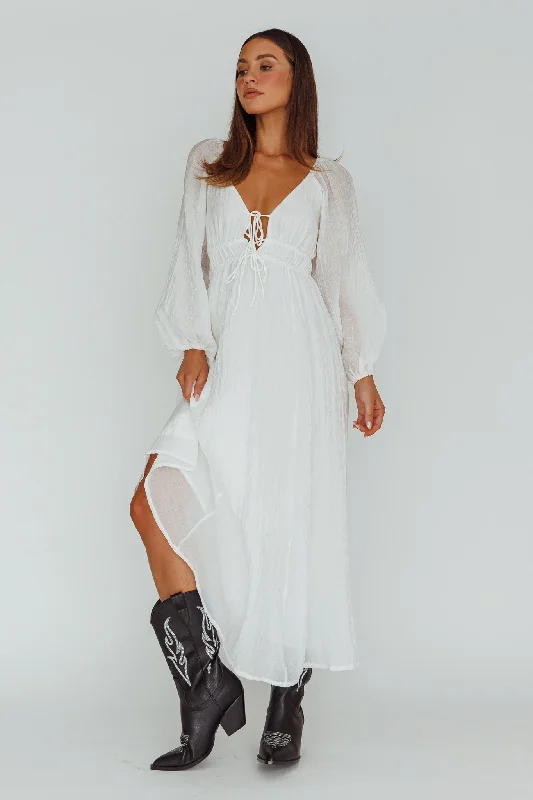 Kylin Balloon Sleeve Tied Bust Maxi Dress White Vintage Women's 1970S 