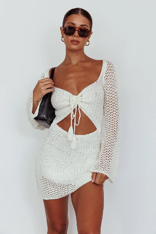 Jamaica Bell Sleeve Crochet Mini Dress White Casual Women's Loose - fitting