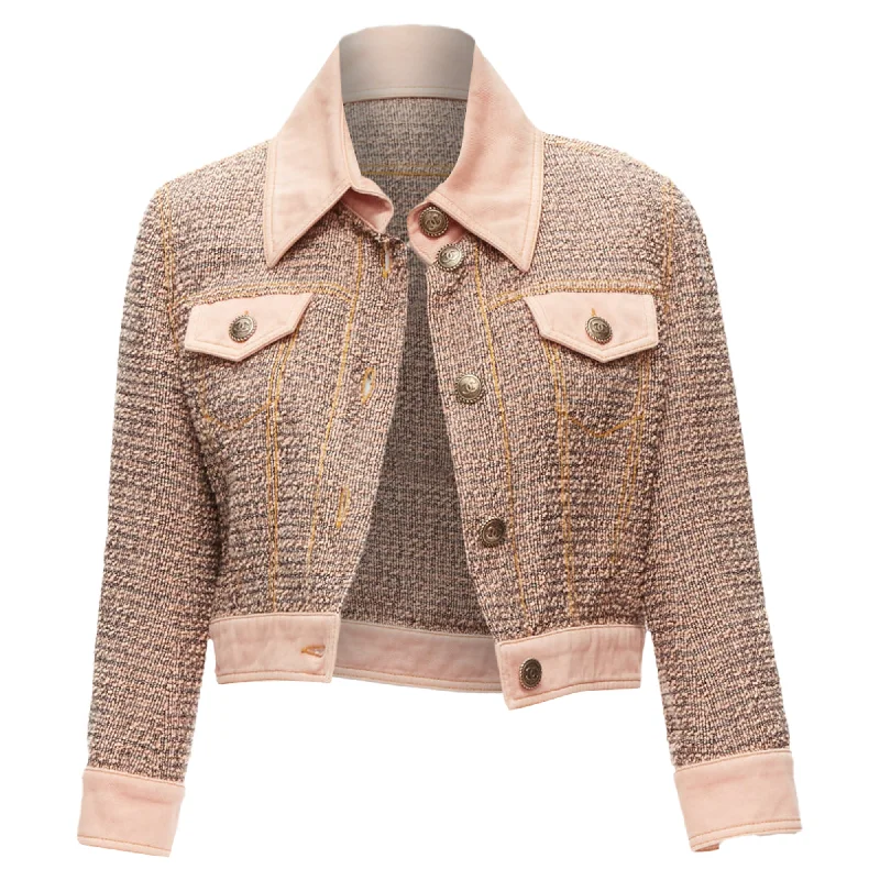 Chanel denim trim tweed button cropped jacket Practical Women's Quick - dry