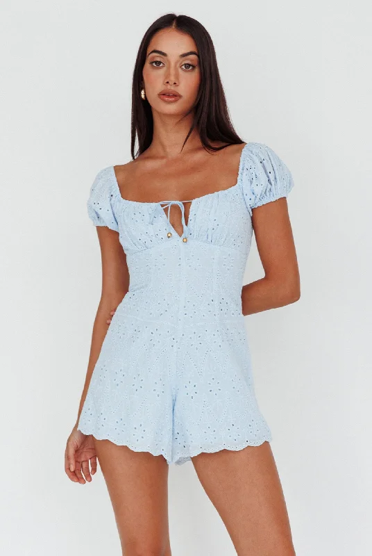 Santiago Puff Sleeve Eyelet Romper Blue Bold Women's Statement