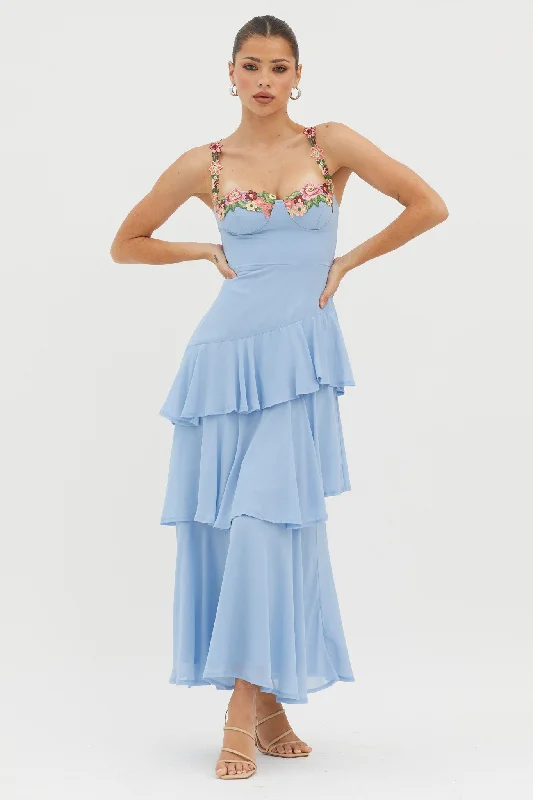 Rose Garden Tiered Ruffle Floral Trim Dress Blue Street