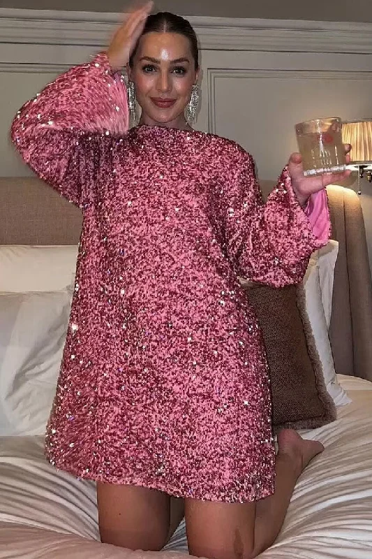 Sparkly Sequin Bow Tie Long Sleeve Oversized Velvet Party Mini Dress - Hot Pink Modern Women's 