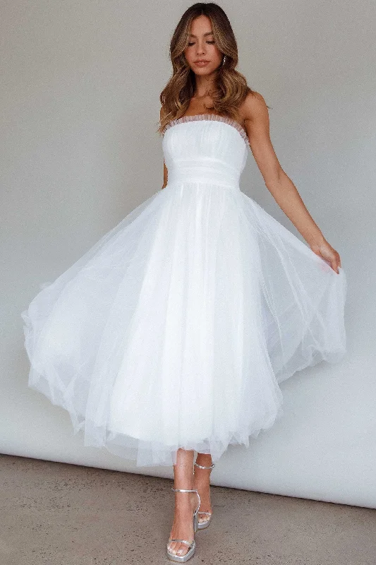 Fayette Strapless Mesh Midi Dress White Vintage Women's 1970S 