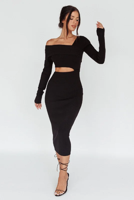 Tamar Long Sleeve One-Shoulder Midi Dress Black Stylish Women's Neon