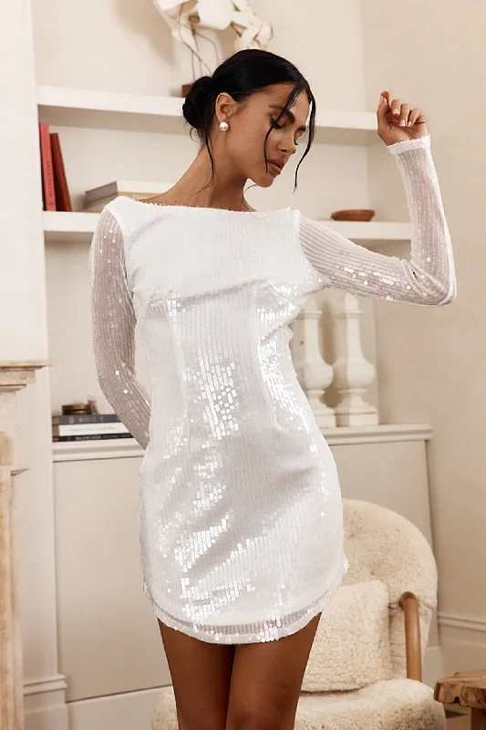Karma Long Sleeve Keyhole Back Sequin Dress White Casual Women's Japanese 