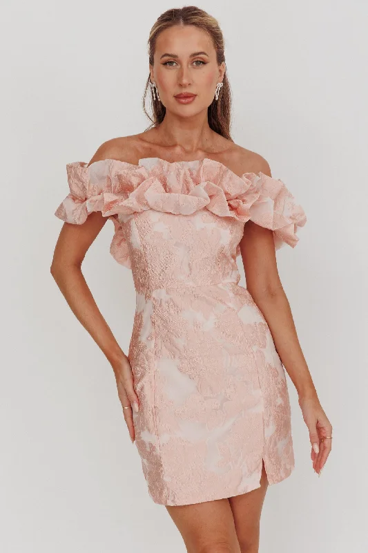 Memoire Off-Shoulder Jacquard Mini Dress Blush Vintage Women's 1970S 
