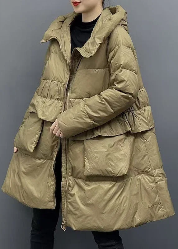 Women Khaki Hooded Zippered Pockets Down Coats Winter Vacation