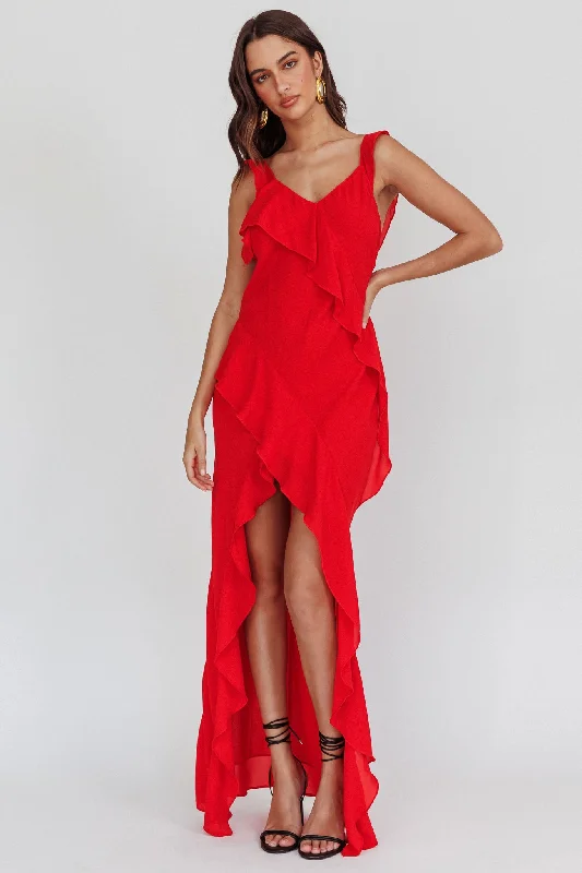 Johannson Ruffle Trim Maxi Dress Red Classic Women's Pin - striped