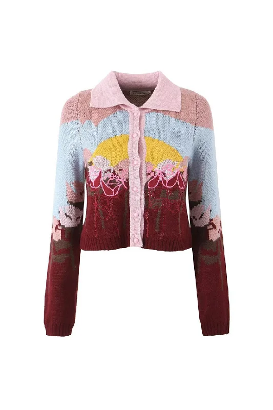 Cute Graphic Embroidered Collared Long Sleeve Button Up Winter Cardigan Geometric