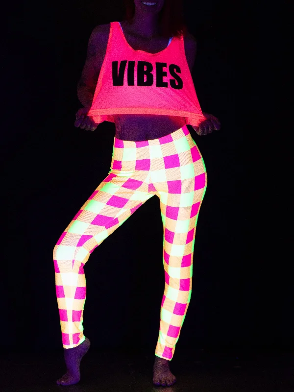 Neon Yellow & Pink Plaid Tights Athletic Women's High - 