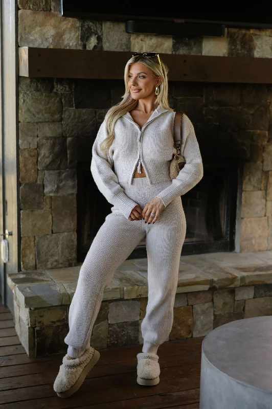 Front Zipper Jogger Set- Oatmeal Feminine Women's Style 