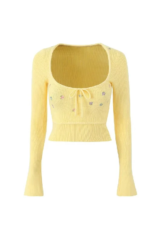 Cute Tie Neck Floral Embroidery Long Sleeve Crop Ribbed Knit Sweater Edgy Women's Punk Cute Tie Neck Floral Embroidery Long Sleeve Crop Ribbed Knit Sweater Edgy Women's Punk