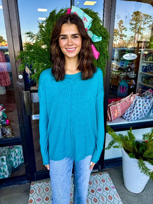 Front Seam Soft Sweater: Teal Vacation