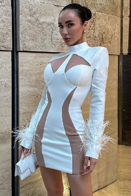 Unique High Neck Feather Trim Long Sleeve Contrast Bandage Mini Dress - White Hip Women's Retro Unique High Neck Feather Trim Long Sleeve Contrast Bandage Mini Dress - White Hip Women's Retro