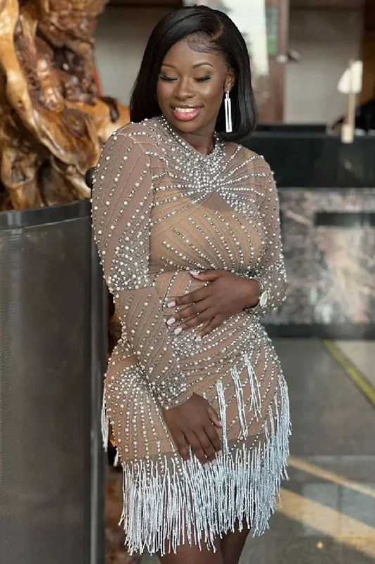 Sparkly Long Sleeve Pearl Rhinestone Fringe Sheer Mesh Party Mini Dress - Brown Bohemian Women's Free Sparkly Long Sleeve Pearl Rhinestone Fringe Sheer Mesh Party Mini Dress - Brown Bohemian Women's Free
