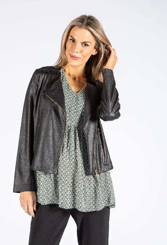Frill Detail Vintage Leather Jacket Stylish Women's Neon