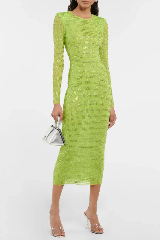 Sparkly Rhinestone Long Sleeve Bodycon Mesh Sheer Midi Dress - Sage Green Laid - back Women's Vibe Sparkly Rhinestone Long Sleeve Bodycon Mesh Sheer Midi Dress - Sage Green Laid - back Women's Vibe