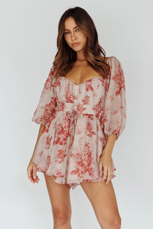First Light Puff Sleeve Elasticated Waist Romper Floral Print Rose Monochromatic All - in - one