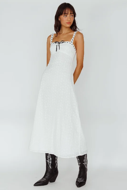 Sunbeam Eyelet Embroidery Bow Midi Dress White Geometric